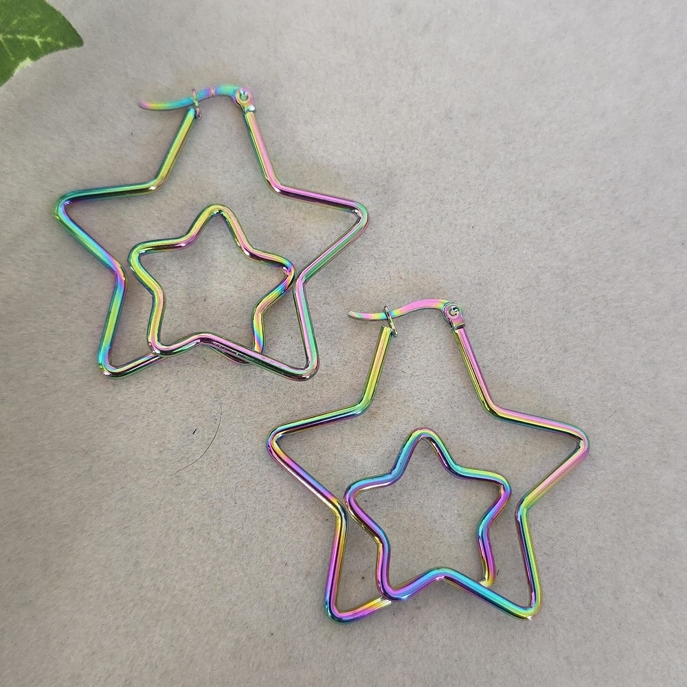 Rainbow Stainless Steel Star In Star Hoop Earrings